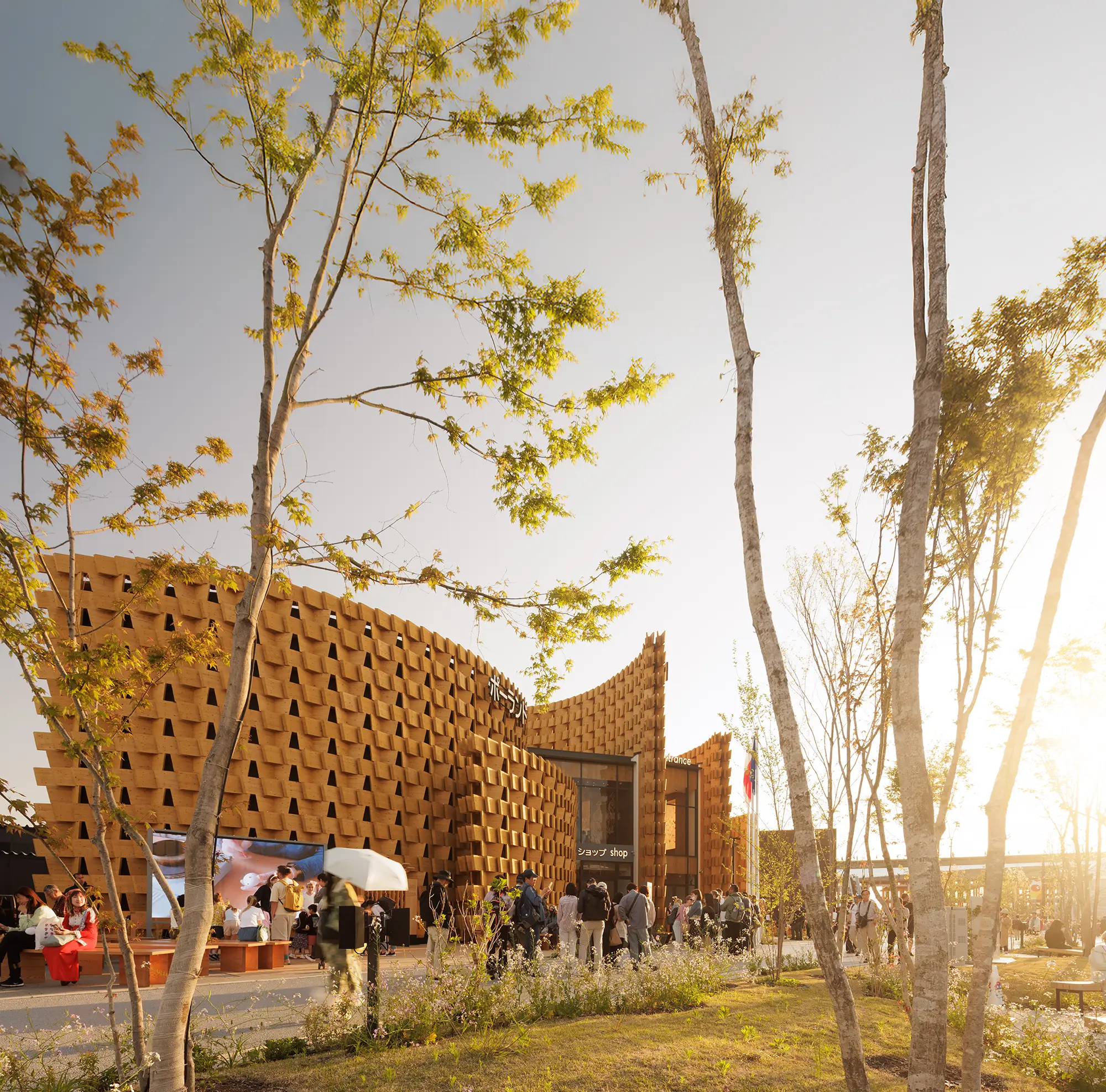Poland Pavilion seen through young trees and planting, with visitors gathering beside the curved timber façade.