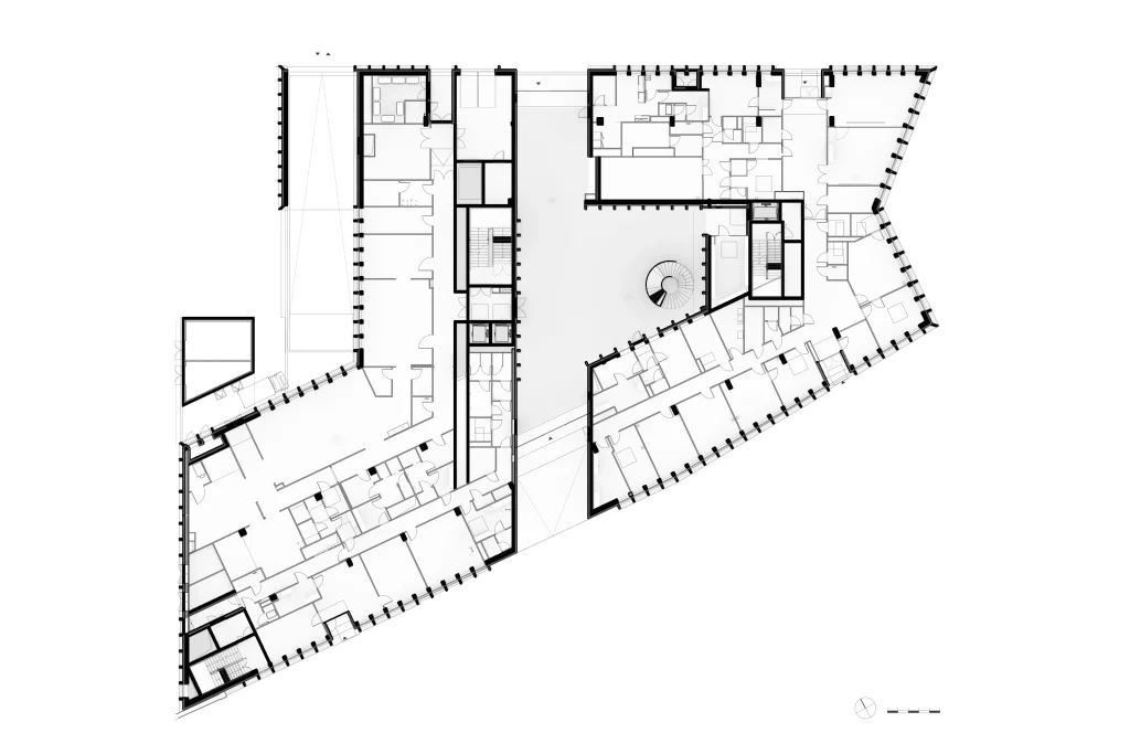 htsh-wroclaw-plans-01-ground-floor-plan.jpg	Ground-floor plan of HTSH showing the angular building footprint, central atrium and surrounding programme.