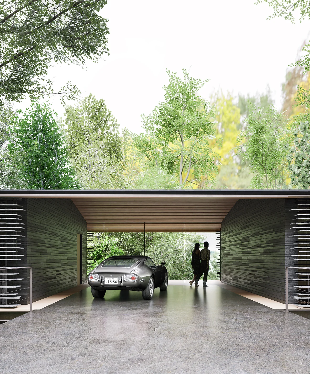 Covered arrival area beneath Ukiya, where the suspended house bridges between dark stone walls and the surrounding forest.