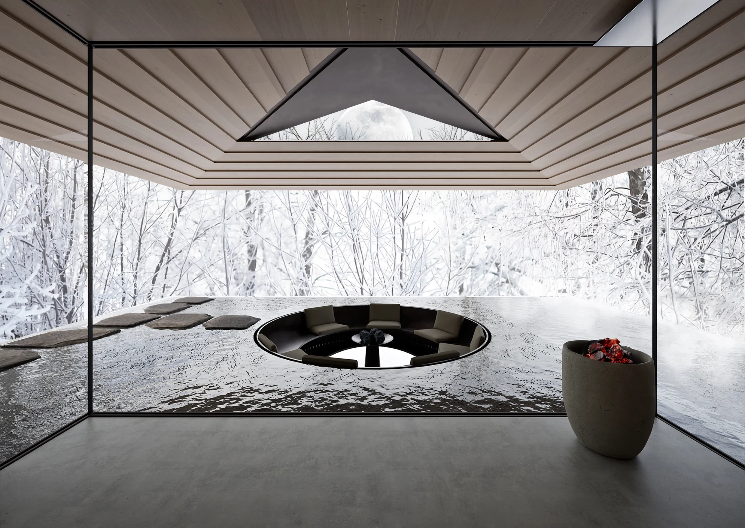 Sunken circular sauna or seating space framed by stone, glazing and a timber ceiling, with the winter forest beyond.