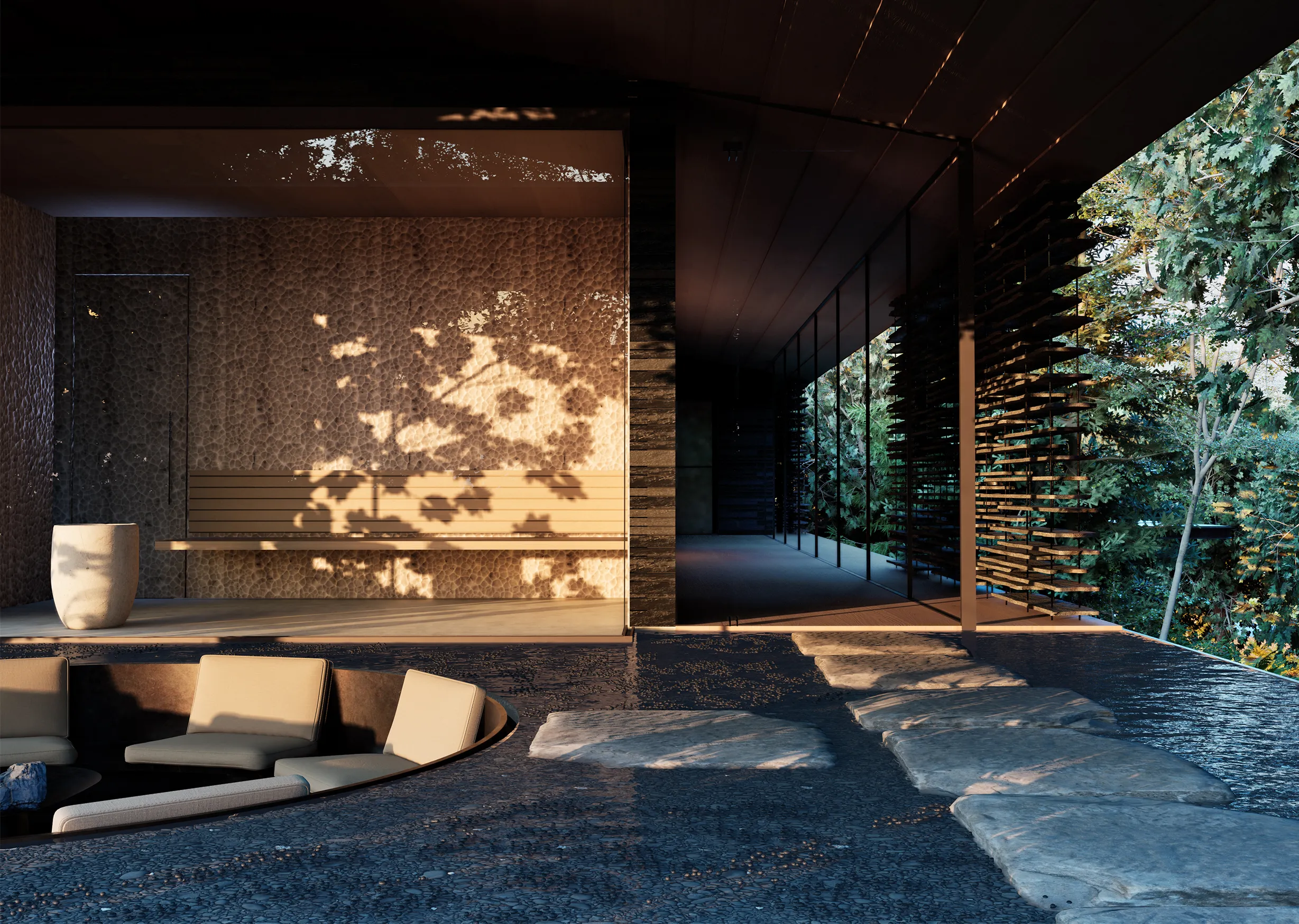 Exterior view of Ukiya’s dark stone spa area, with a sunken circular space and filtered views through horizontal screens.