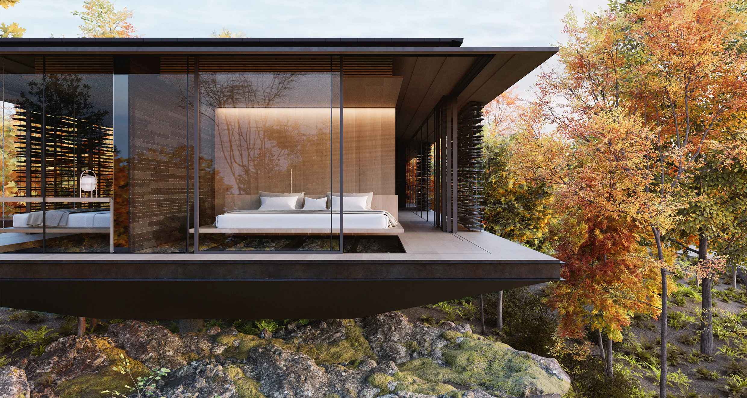 Guest bedroom in Ukiya with floor-to-ceiling glazing, timber finishes and a glass floor opening towards the rocky forest below.
