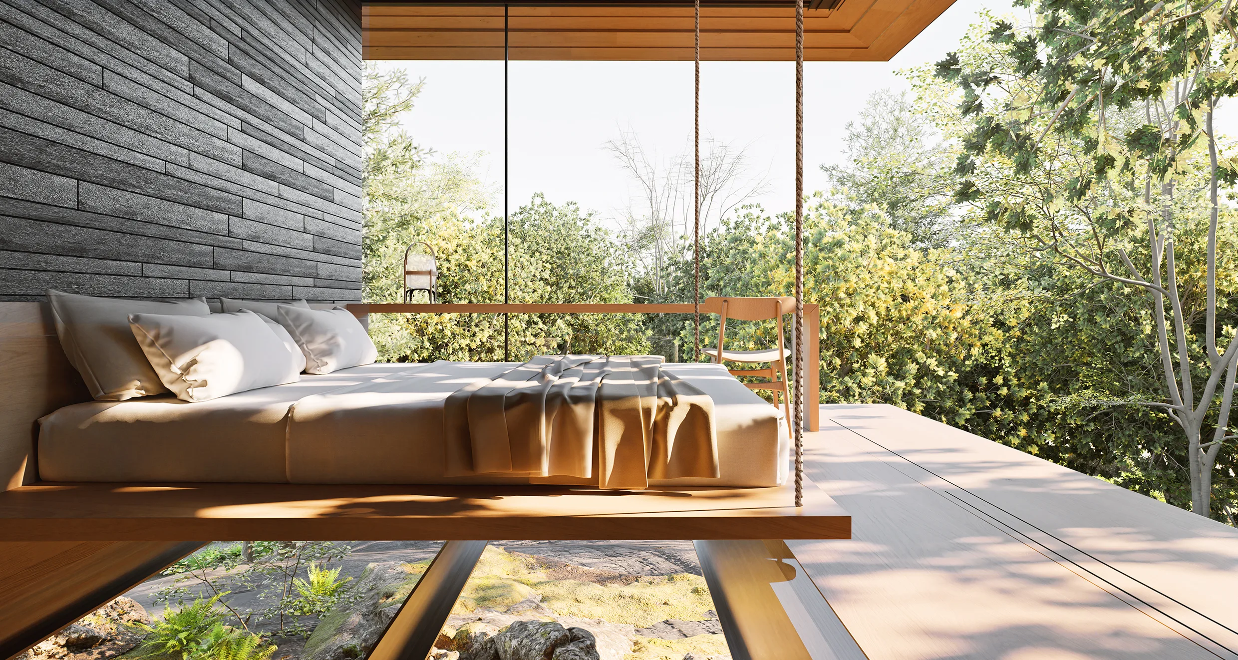 Main bedroom of Ukiya projecting above rocks and trees, enclosed by full-height glazing beneath a thin horizontal roof.