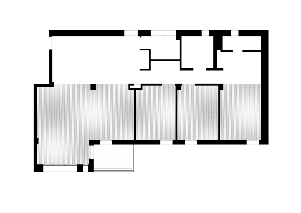 Simplified apartment plan highlighting the two longitudinal bands that organise the interior.