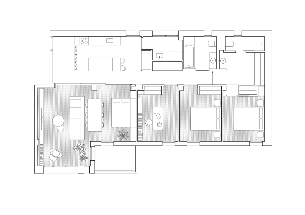 Alternative furnished floor plan showing the apartment’s flexible living arrangement and room divisions.
