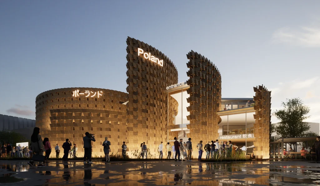 Architectural visualisation of the Poland Pavilion at dusk, showing illuminated timber walls reflected in a wet foreground.timber walls and the Expo entrance area.