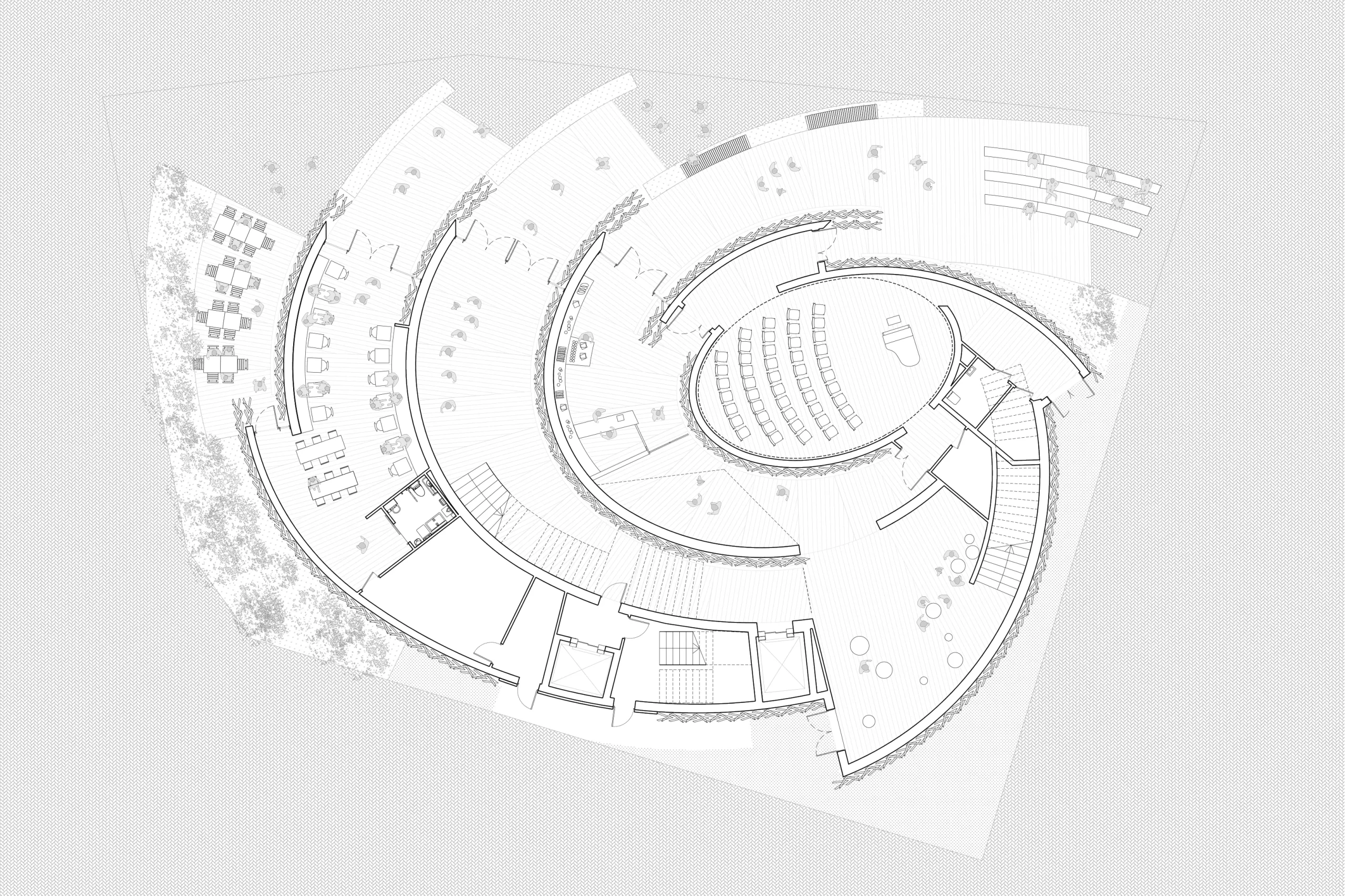 Ground-floor plan of the Poland Pavilion showing the spiral layout, exhibition route, central concert hall and surrounding landscape.