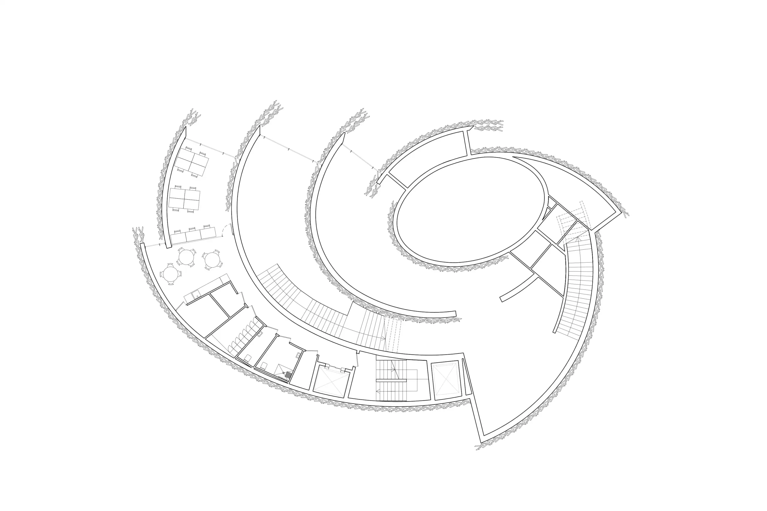 Mezzanine plan of the Poland Pavilion showing the spiral wall geometry, service spaces, stairs and central elliptical void.