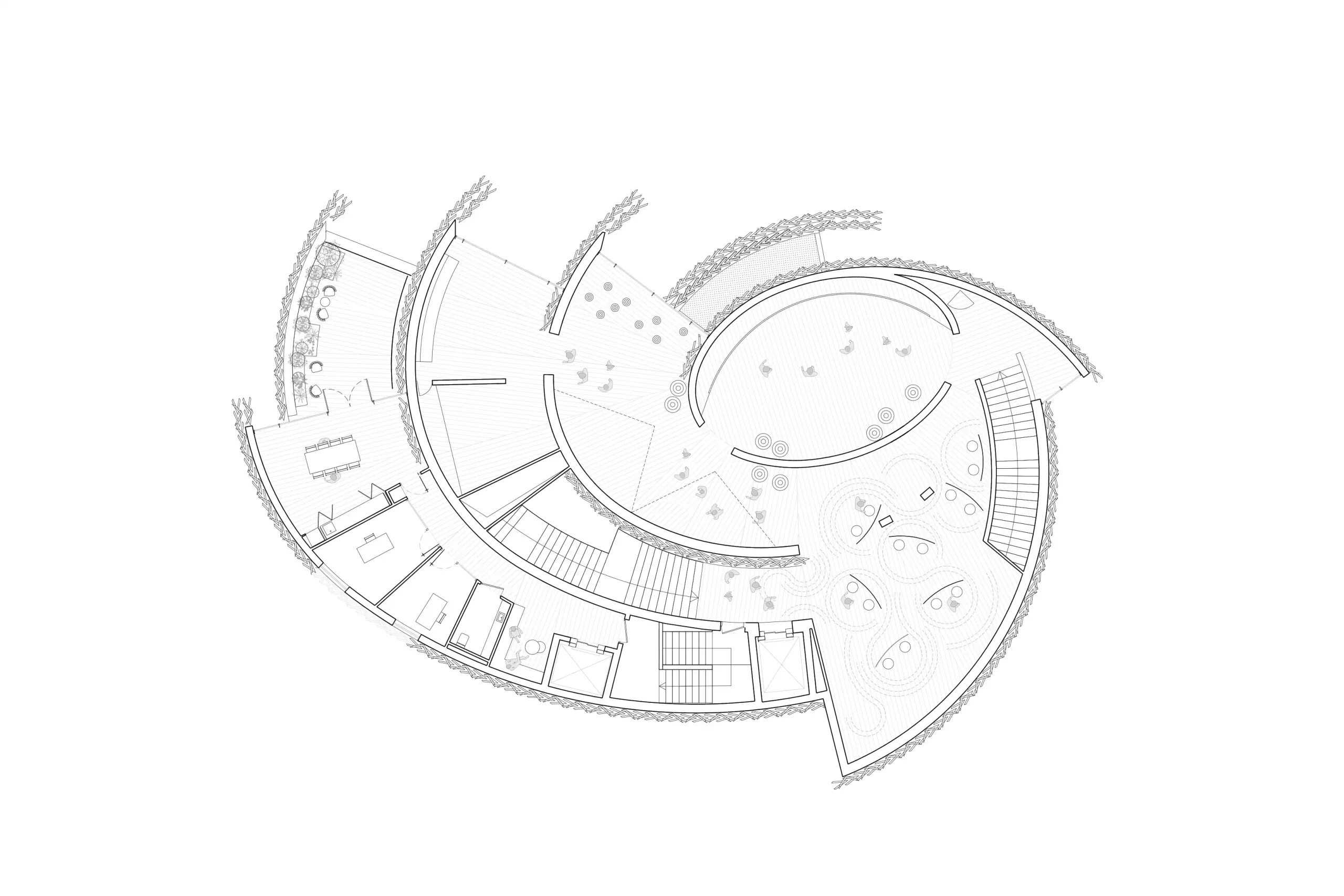 First-floor plan of the Poland Pavilion showing curved circulation spaces, the central ellipse and perimeter rooms.