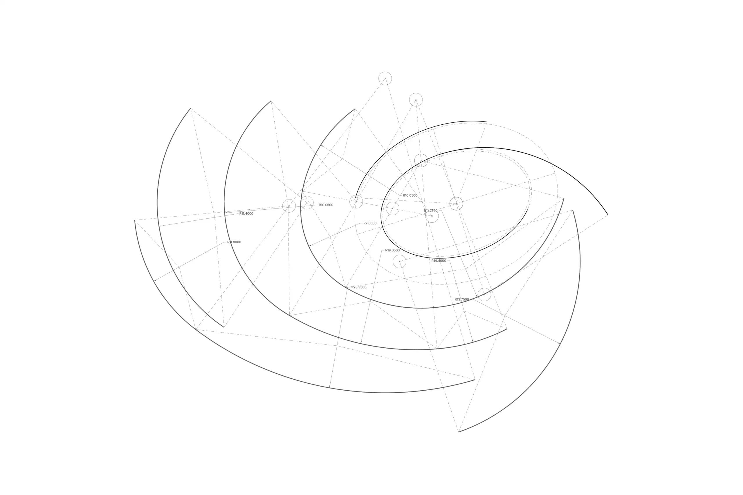 Geometric construction diagram defining the pavilion’s spiral plan through intersecting arcs, radii and control points.