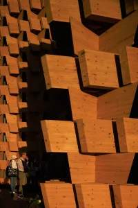 Close-up of projecting Japanese pine modules creating deep shadows across the pavilion façade.