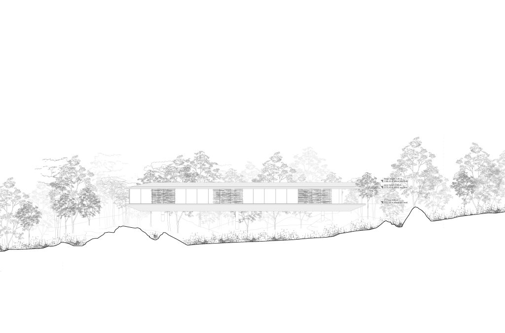 Elevation of Ukiya showing the long horizontal dwelling suspended lightly above an irregular rocky landscape and trees.