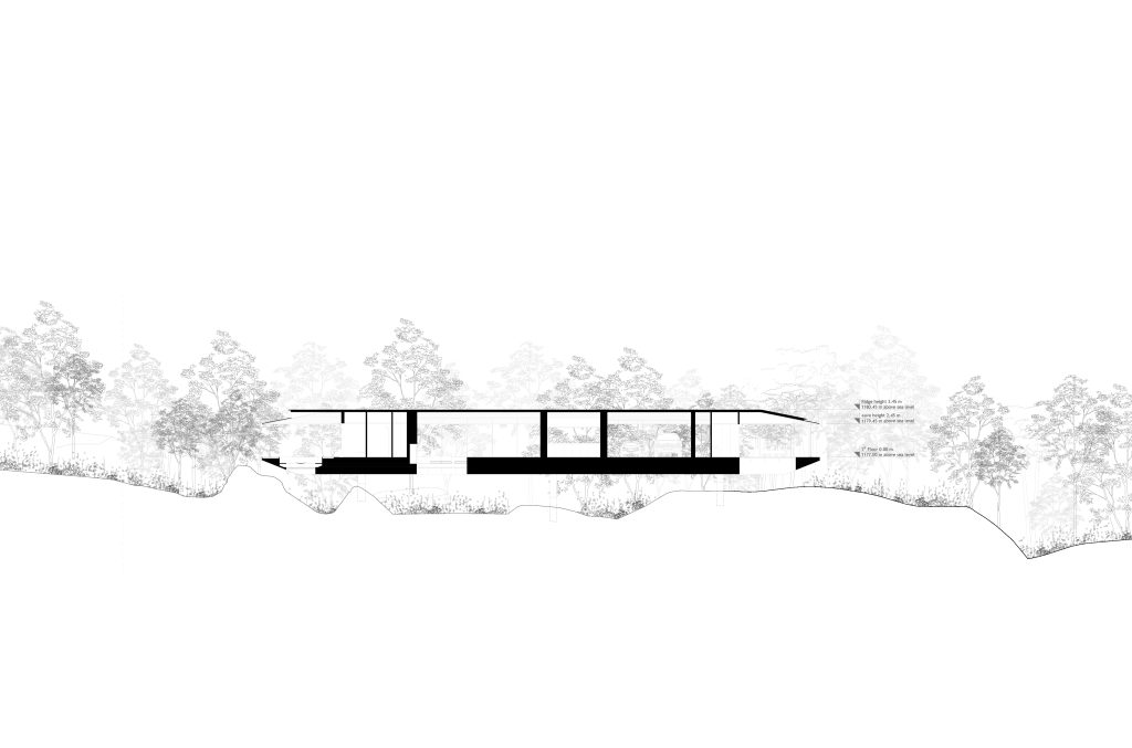 Section through Ukiya showing the linear dwelling spanning uneven terrain with minimal points of contact with the ground.