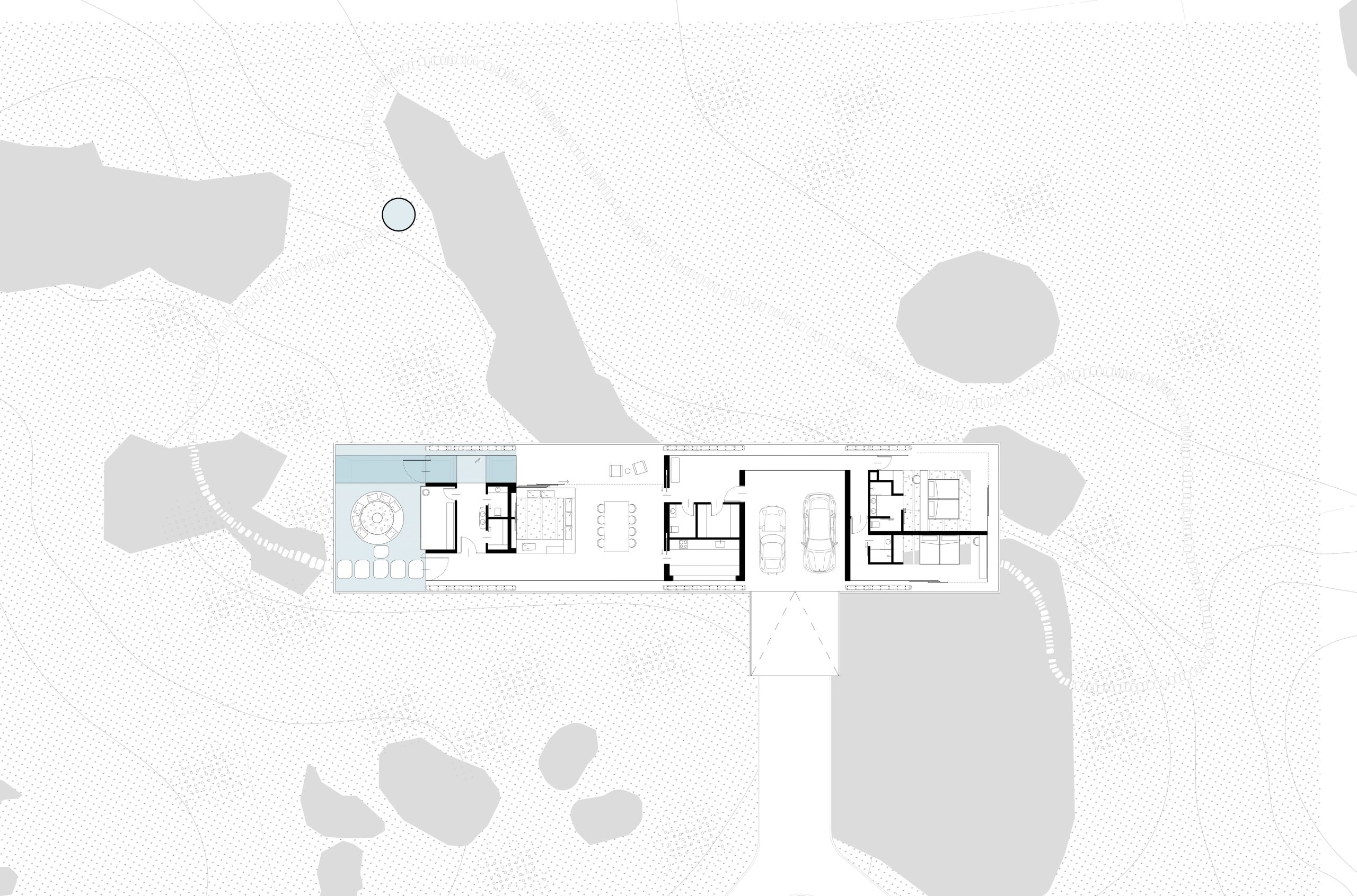 Floor plan of Ukiya showing its compact linear organisation, central living spaces and rooms arranged along the suspended volume.
